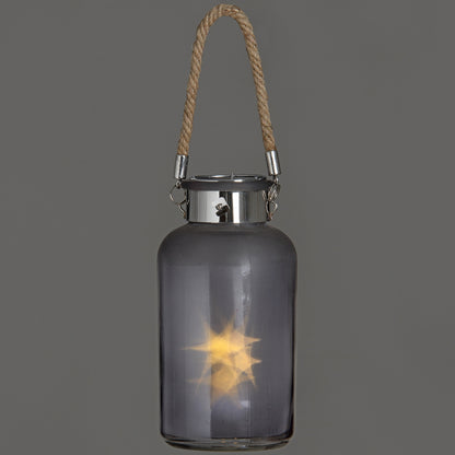 Frosted Grey Glass Lantern with Rope Detail and LED