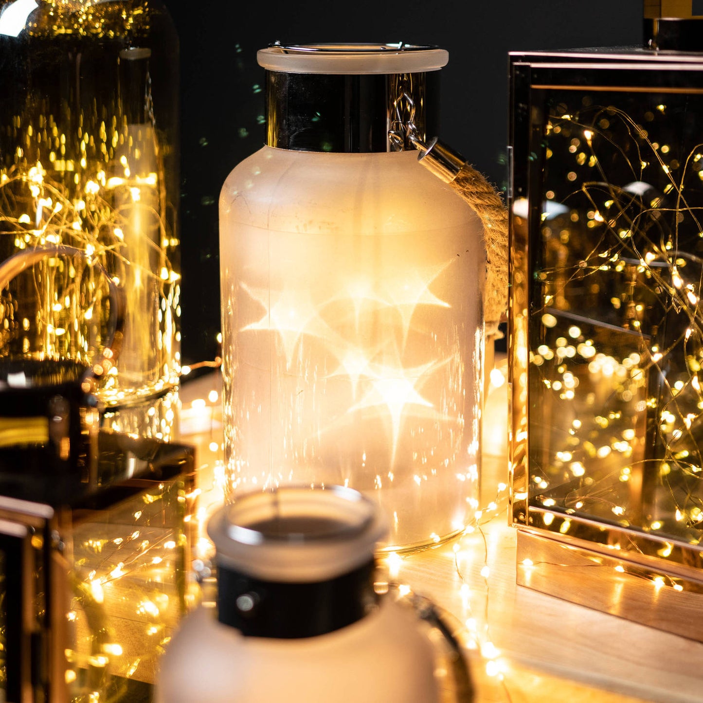 Frosted Grey Glass Lantern with Rope Detail and LED