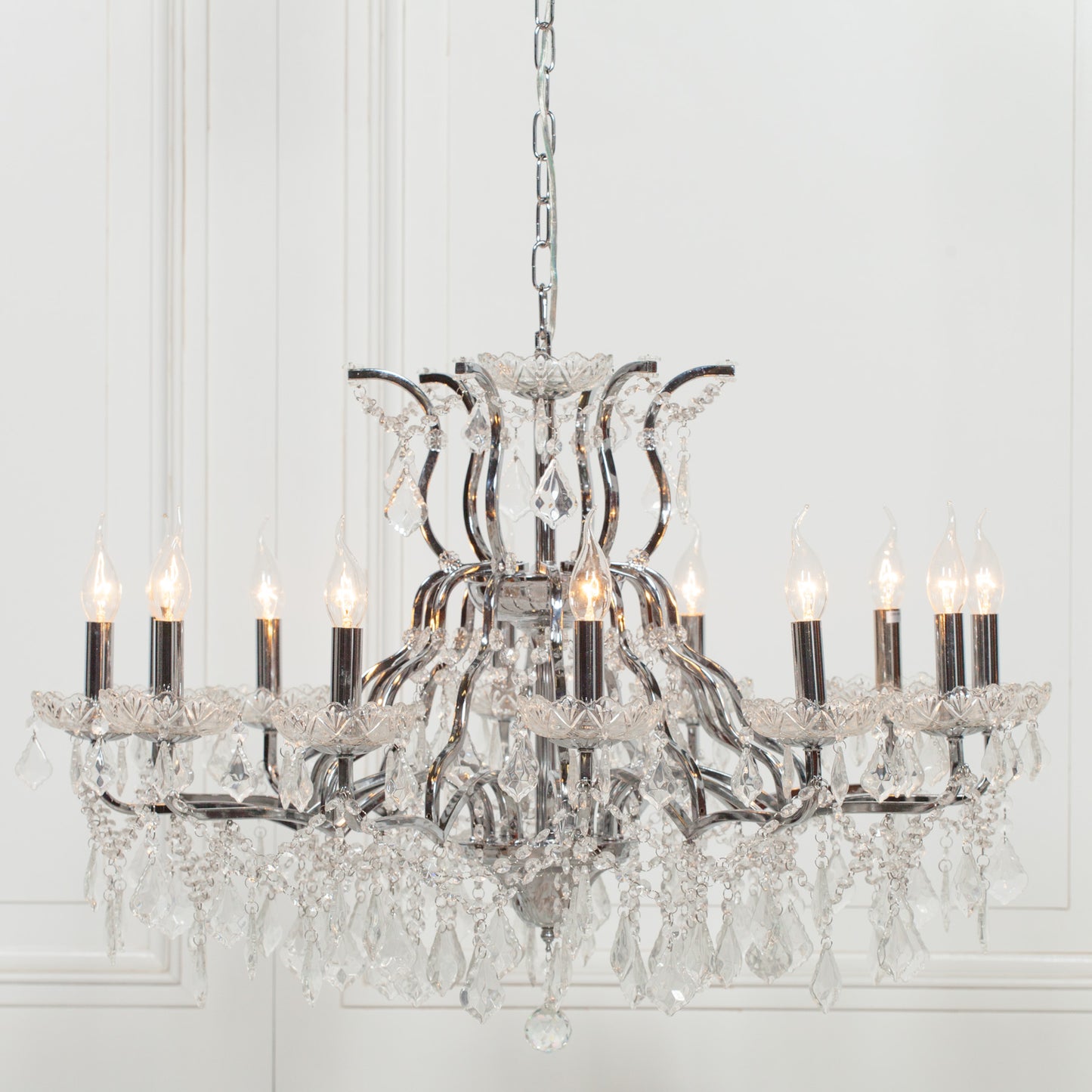 Chrome 12 Branch Shallow Cut Glass Chandelier