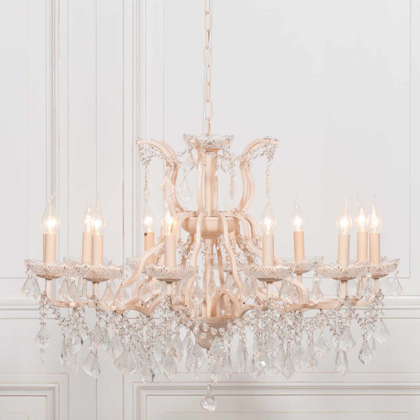 Cream 12 Branch Shallow Cut Glass Chandelier