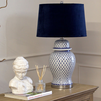 Malabar Blue And White Ceramic Lamp With Blue Velvet Shade